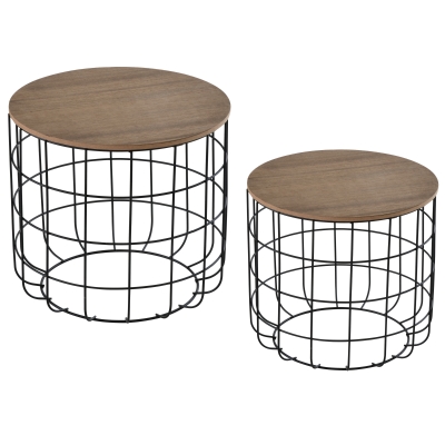 HOMCOM Conjunto de 2 Mesitas Auxiliares Apilables Mesa de Centro Estilo Industrial con Tapa Extraíble y Cesta Metálica Ø50x41 cm y Ø40x36,5 cm Madera y Negro