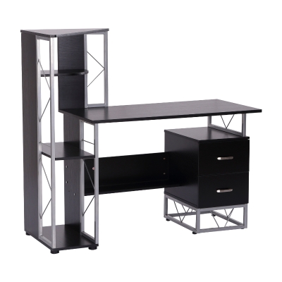HOMCOM Escritorio con Estantería Librería Mesa de Ordenador PC con Superficie de 110 cm 2 Cajones y Múltiples Estantes para Oficina Estudio Despacho 133x55x123 cm Negro