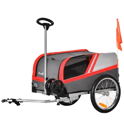 PawHut Remolque de Bicicleta para Perros 2 en 1 Carrito para Mascotas con Enganche Cubierta Enrollable Cinturón de Seguridad Bandera y Reflectores 130x64x92 cm Gris y Rojo