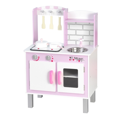 HOMCOM Cocinita de Juguete con Función de Sonido Armario Ganchos 5 Accesorios Incluidos Cocina Infantil Educativo para +3 Años Madera 55x30x80 cm Rosa