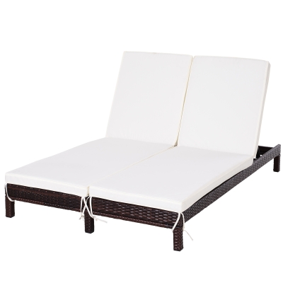 Outsunny Conjunto de Tumbona Exterior de Ratán 2 Plazas con Cojines Acolchados Resistente al Agua con Respaldo Regulable de 5 Niveles Soporta 220 kg 195x120x28 cm Marrón