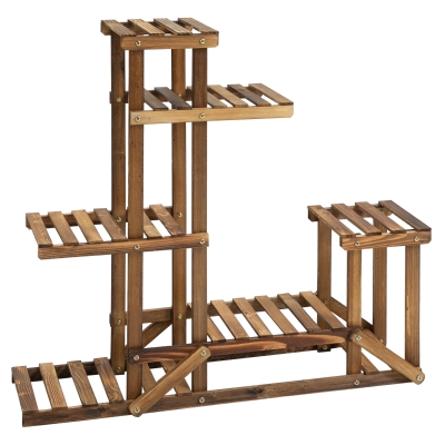 Outsunny Soporte de Madera para Flores Estantería Decorativa para Macetas Plantas con 6 Estantes Interior y Exterior para Jardín Balcón Terraza 98x28x96,5 cm Carbonizado