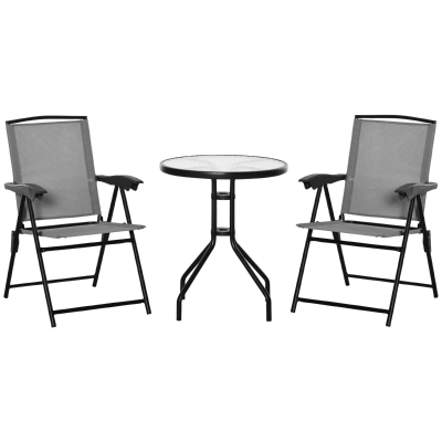 Outsunny 3 PCS Patio Furniture Bistro Set with Folding Chairs Tempered Glass Table Grey