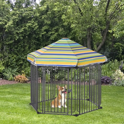 PawHut Parque para Mascotas 6 Vallas de Metal 61x76 cm Corrales Desmontables para Perros con Techo Hexagonal y Puerta con Cierre de Seguridad 122x105x119 cm Negro y Colorido