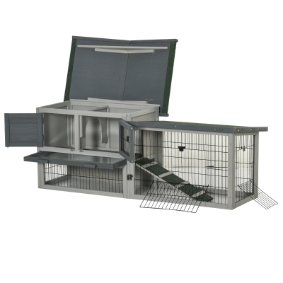 PawHut Coelheira de Madeira Exterior Gaiola Grande para 2 Coelhos de 2 Níveis com Teto Asfáltico Retrátil Cerca de Metal Bandeja Removível e Rampa 154,5x52,5x68,5 Cinza