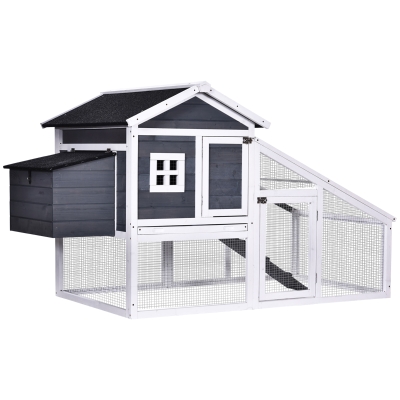 PawHut Gallinero Exterior de Madera Jaula Caseta para Gallinas Pollos 2 Niveles con Nido Zona Abierta Techo Asfáltico Bandeja Extraíble y Rampa 175,4x95,5x100 cm Gris