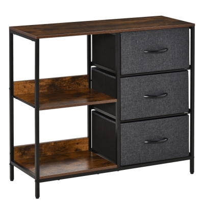 HOMCOM Cómoda Cajonera de Tela con 3 Cajones Plegables y 2 Estantes Estilo Industrial para Dormitorio Salón Pasillo 80x29x71 cm Marrón Rústico y Gris Oscuro