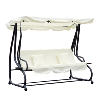 Outsunny Columpio Balancín Jardín 3 Plazas Convertible en Cama Techo Parasol Regulable Bandeja para Bebida Terrza Balcón Exterior Carga máx. 340kg Acero 200x120x164cm Beige