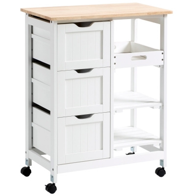 HOMCOM Rolling Kitchen Island Cart, Bar Serving Cart, Compact Trolley on Wheels with Wood Top, Shelves & Drawers for Home Dining Area, White
