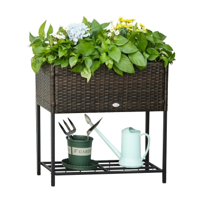 Outsunny Rattan Hochbeet mit Ablage Braun 70 x 30 x 72 cm