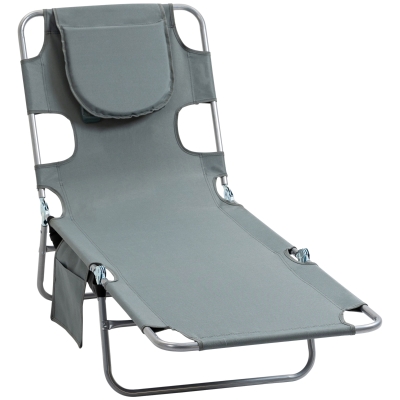 Outsunny Beach Chaise Lounge with Face Cavity & Arm Slots, Portable Sun Lounger, Reclining Lounge Chair 5-position Adjustable Backrest with Pillow for Patio Garden Beach Pool, Grey