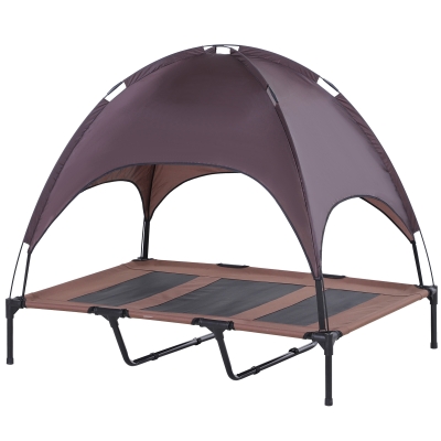 PawHut Haustierbett mit Baldachin, Erhöhtes Hundebett, Hundeliege outdoor mit Dach, Atmungsaktiv, Taftstoff Kaffee 122 x 92 x 108 cm