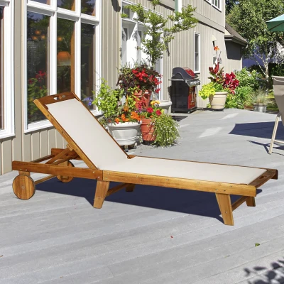 Outsunny ligbed relax ligbed tuinset tuinmeubilair verstelbaar acaciahout textiel natuur 198 x 60 x 88/80/69/45 h cm | Aosom.nl