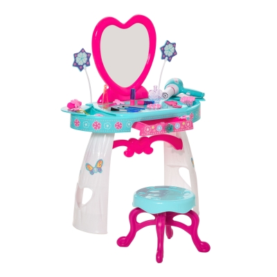 HOMCOM Kinderschminktisch mit Schubladen und reichhaltigem Zubehör Frisiertisch mit Hocker 5 Musikstücke Licht für Mädchen ab 3 Jahre Kosmetik Spiegel Seeblau+Weiß 49,5 x 25 x 69 cm