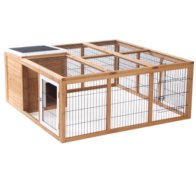 PawHut Kaninchenstall aus Tannenholz mit Häuschen 123 cm x 120 cm x 52 cm