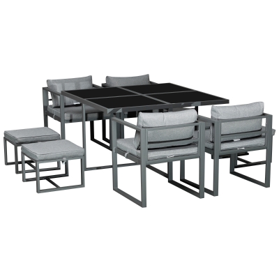 Outsunny Sitzgruppe Gartentischset Gartenmöbel Metall 9 teilig 4 Stühle 4 Hocker Tisch Esstisch Polyester Glas Grau