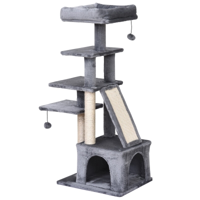 PawHut Katzenbaum mit Hängebett, 5-Stock Kratzbaum, Katzenhaus mit Spielbällen, Katzenhöhle, mit Sisalsäule und Kratzbrett, Plüsch Grau 50 x 40 x 114 cm