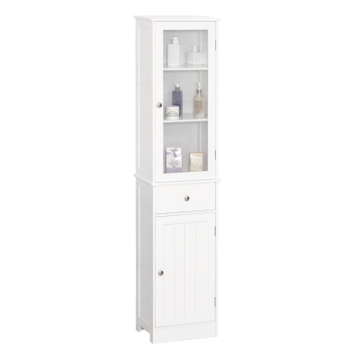 kleankin Badezimmerschrank, Badschrank, Vitrine, Küchenschrank mit Schublade, Regale, MDF, Acryl, 40 x 27 x 171,5 cm, Weiß