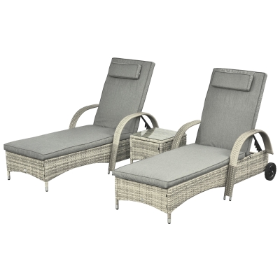 Outsunny Sonnenliege Gartenliege Tisch 3er-Set Gartenmöbel, Polyrattan+Metall Grau
