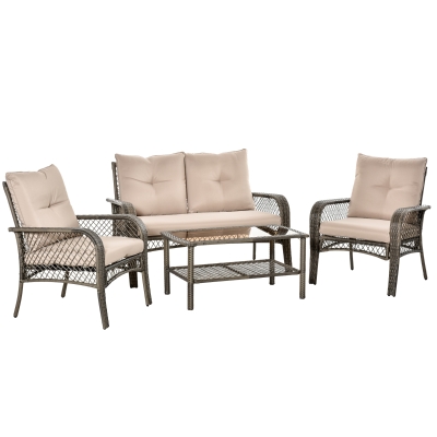 Outsunny 4-tlg. Gartensitzgruppe mit Beistelltisch Kissen Rattan Gartenset Polyrattan Metall Grau 136 x 79 x 88 cm