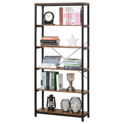 HOMCOM Bücherregal mit 5 Fächer, Standregal, Industriestil, Wohnzimmer, Schlafzimmer, Büro, E1 Spanplatte, Braun, 80 x 30 x 180 cm