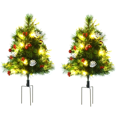 HOMCOM 2-er Set Weihnachtsbäume Mini Künstlicher Christbaum mit Tannenzapfen und rote Beere, Kugeln und Warmweiß LED-Lichtern IP44 Grün PVC Metall Ø33 x 75 cm