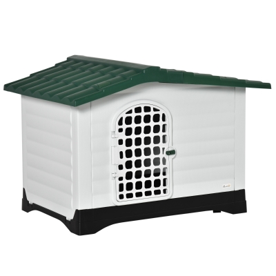 PawHut Outdoor Hundehütte Hundehaus Haustierzubehör Hundezubehör Tierbedarf mit Dachluke Tor Unterschlupf für mittelgroße Hunde Luftzirkulation Kunststoff PP Grün+Schwarz+Weiß 111 x 84 x 80 cm