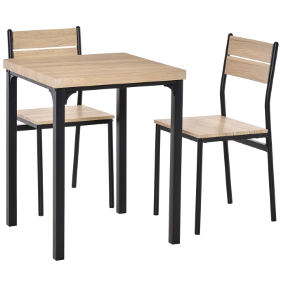 HOMCOM 3-teilige Essgruppe Sitzgruppe Esstisch Set Holztisch MDF + Metall Naturholzmaserung + Schwarz mit 1 Tisch + 2 Stühlen