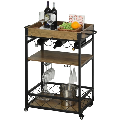 HOMCOM Rollwagen Servierwagen auf Rollen, Küchenwagen mit Weinregal und Glashalter, mit Bremsen, Metall, 77 x 44,5 x 91 cm