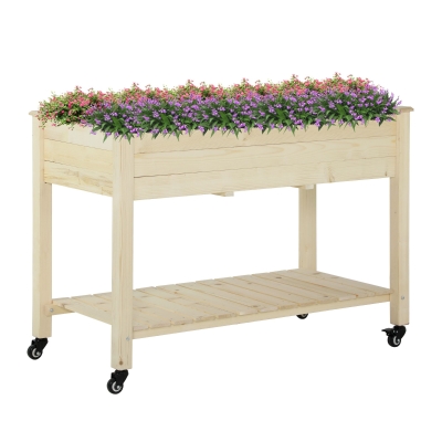 Outsunny Hochbeet mit rädern Pflanztisch Blumenkasten mit Abfluss Massivholz Vliesstoff Natur 118 x 55 x 83 cm