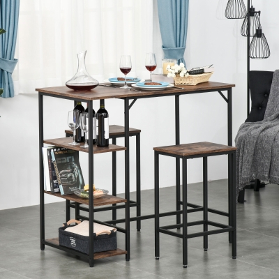 HOMCOM Zestaw Stolik Barowy z 2 Stołkami, Zestaw 3-częściowy, Kuchenny Blat z Regałem, Płyta Wiórowa Stal, Rustykalny Brąz+Czarny, 109 x 60 x 100 cm