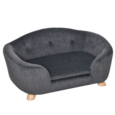 PawHut Haustiersofa Hundematte Hundebett Hundesofa Hundecouch Katzen Sofa mit Kissen Rückentasche Plüsch Schaumstoff Kiefernholz Dunkelgrau 70 x 47 x 30 cm