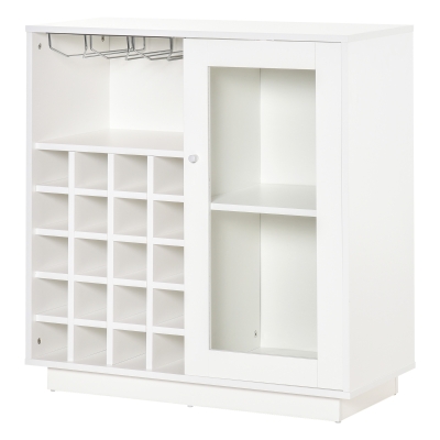 HOMCOM Weinschrank mit Gläserhalterung 20-Flaschen-Weinregal mit 3 Haken Flaschenständer mit Glastür Anti-Kipp-Design Spanplatte Hartholz Weiß 80 x 36 x 85 cm