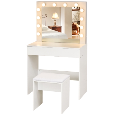 HOMCOM Schminktisch Frisierkommode Set Kosmetiktisch mit Hocker, Spiegel, Schubladen und 12 LED-Leuchten Weiß, 80x40x140 cm