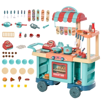 HOMCOM Kinderküche mit Zubehör 50-Teilige Spielküche Spielzeugküche Kunststoff Blau+Rot+Orange 79,5 x 33 x 90,5 cm