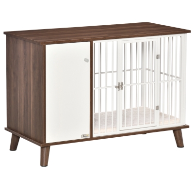 PawHut Hundekäfig mit Schrank inkl. Kissen 98 cm x 48 cm x 70,5 cm Holzwerkstoff Stahl Braun + Weiß