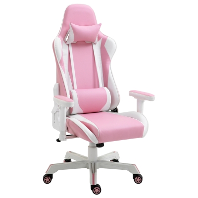 Vinsetto Gamingstuhl mit Kopfstütze Lendenkissen Bürostuhl höhenverstellbar Schaumstoff Kunstleder Nylon Rosa+Weiß 71 x 73 x 128-138 cm