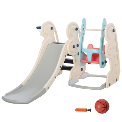 HOMCOM 3-in-1 Kinderrutsche Kinder Rutsche mit Basketballkorb, Schaukel, Leiter Spielzeug Slide Gartenrutsche Babyrutsch für 1-6 Jahre HDPE Weiß+Blau+Grau 220 x 160 x 120 cm