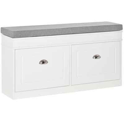 HOMCOM Schuhregal Schuhbank mit Kissen und 2 Schubladen Spanplatte MDF Polyester Schaumstoff Weiß+Grau 104 x 24 x 55 cm