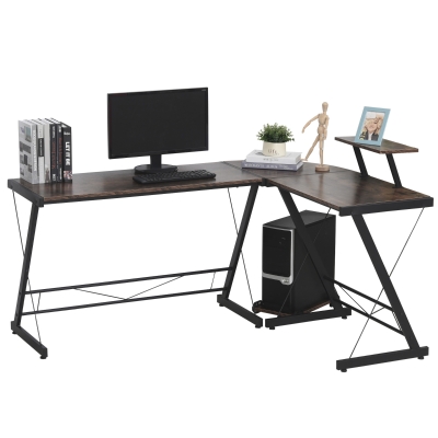 HOMCOM Computertisch, Eckschreibtisch, Schreibtisch, Bürotisch, Spanplatte+Metall, Vintagebraun-Schwarz, 155 x 115 x 91,5 cm