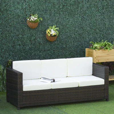 Sofa z technorattanu z poduszkami, 3-osobowa sofa ogrodowa, metal, poliester, brązowa