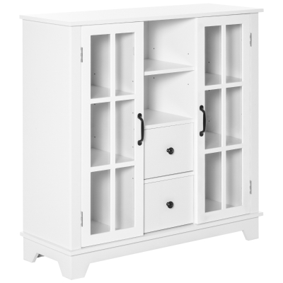 HOMCOM Küchenschrank Sideboard Aufbewahrungsschrank modern elegant mit 2 Schubladen und Glastüren für Esszimmer Wohnzimmer MDF Weiß 100 x 35 x 100 cm