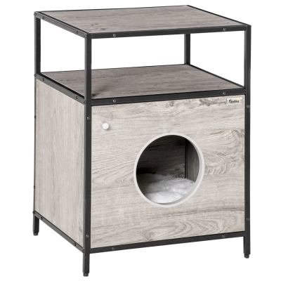 Pawhut Katzenhöhle Katzenschrank Katzenbett Katzenhaus mit Tür offenem Regal Katzenkommode Beistelltisch Spanplatte Plüsch Grau+Schwarz 48 x 40 x 65,5 cm