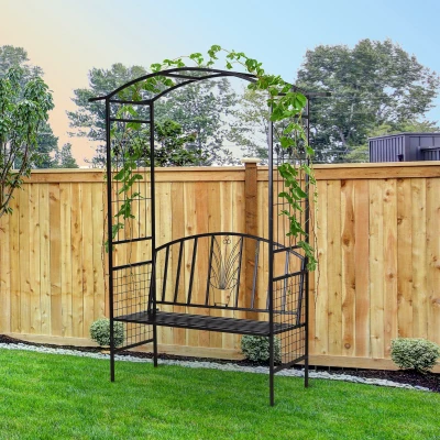 Outsunny łuk ogrodowy z ławką brama kratka pergola do roślin pnących ogród daszek łukowy metal czarny 152 x 58 x 207 cm