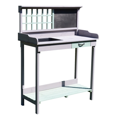 HOMCOM Pflanztisch Gärtnertisch Gartentisch Blumentisch mit Schublade und Wanne für den Garten Tannenholz Mintgrün + Grau 92 x 42,5 x 119,5 cm