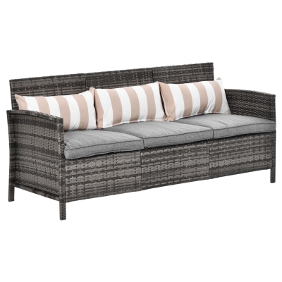 Outsunny Rattan Sofa mit Kissen, Dreisitzer, Garten Loungesofa, Stahl, Grau, 173 x 68 x 78 cm