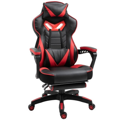 Vinsetto Ergonomischer Bürostuhl, Gaming Stuhl, Drehstuhl mit einziehbare Fußstütze und verstellbarer Rücken Schaumstoff+PU-Leder+Metall, Schwarz+Rot, 65 x 70 x 118,5-128,5 cm