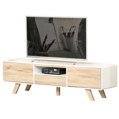 HOMCOM Meuble TV Bas sur Pied Style scandinave 2 Portes Niche tiroir MDF Blanc Aspect chêne Clair