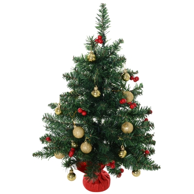 HOMCOM Weihnachtsbaum Christbaum mit Stechpalmenbeeren, Kugeln und LED-Lichtern Grün PVC ∅20 x 60 cm