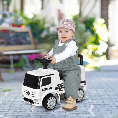 HOMCOM jeździk autko jeździk dziecięcy pojazd dziecięcy na licencji Mercedes w stylu ciężarówki ANTOS ze światłami dla dzieci w wieku od 12 do 36 miesięcy metal tworzywo sztuczne PP kolor biały + czarny 62,5x28,5x45 cm